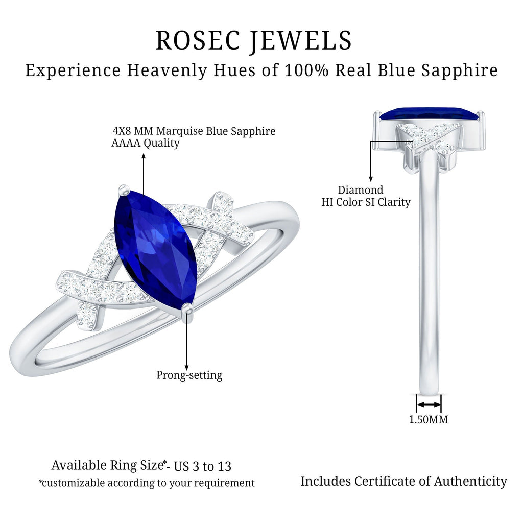 Lab Grown Blue Sapphire Ring, Marquise Diamond Engagement Ring