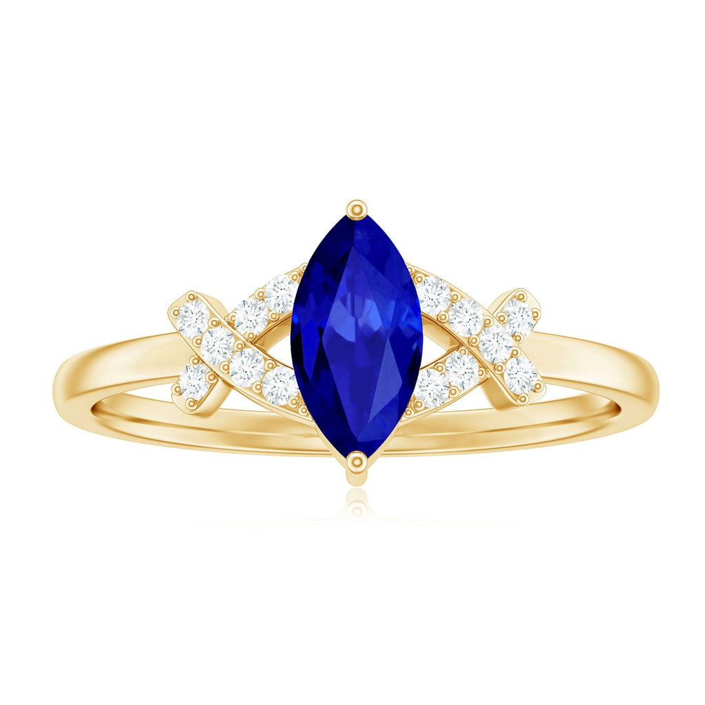 Lab Grown Blue Sapphire Ring, Marquise Diamond Engagement Ring