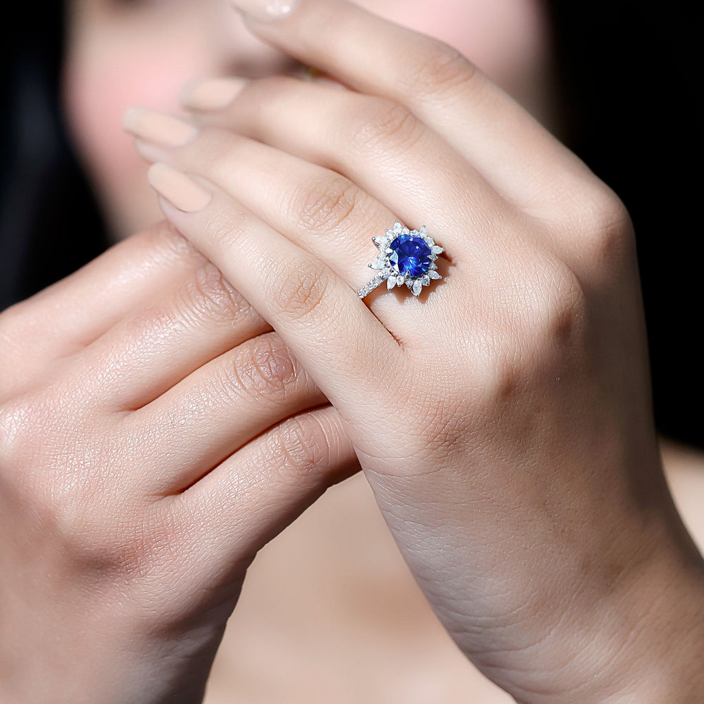Lab Grown Blue Sapphire Ring, Moissanite Floral Halo Ring