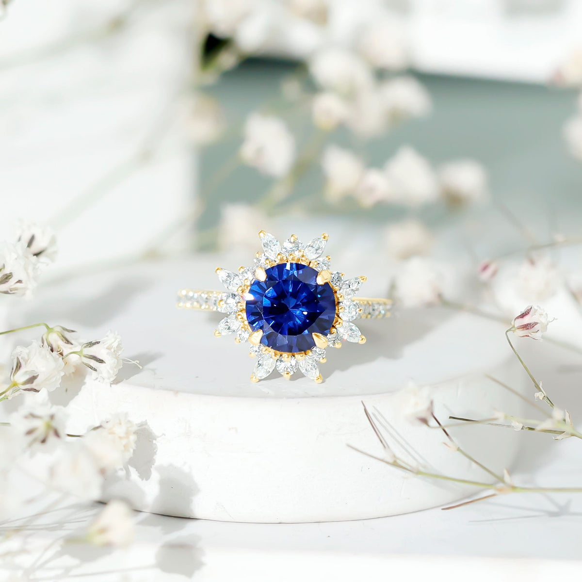 Lab Grown Blue Sapphire Ring, Moissanite Floral Halo Ring