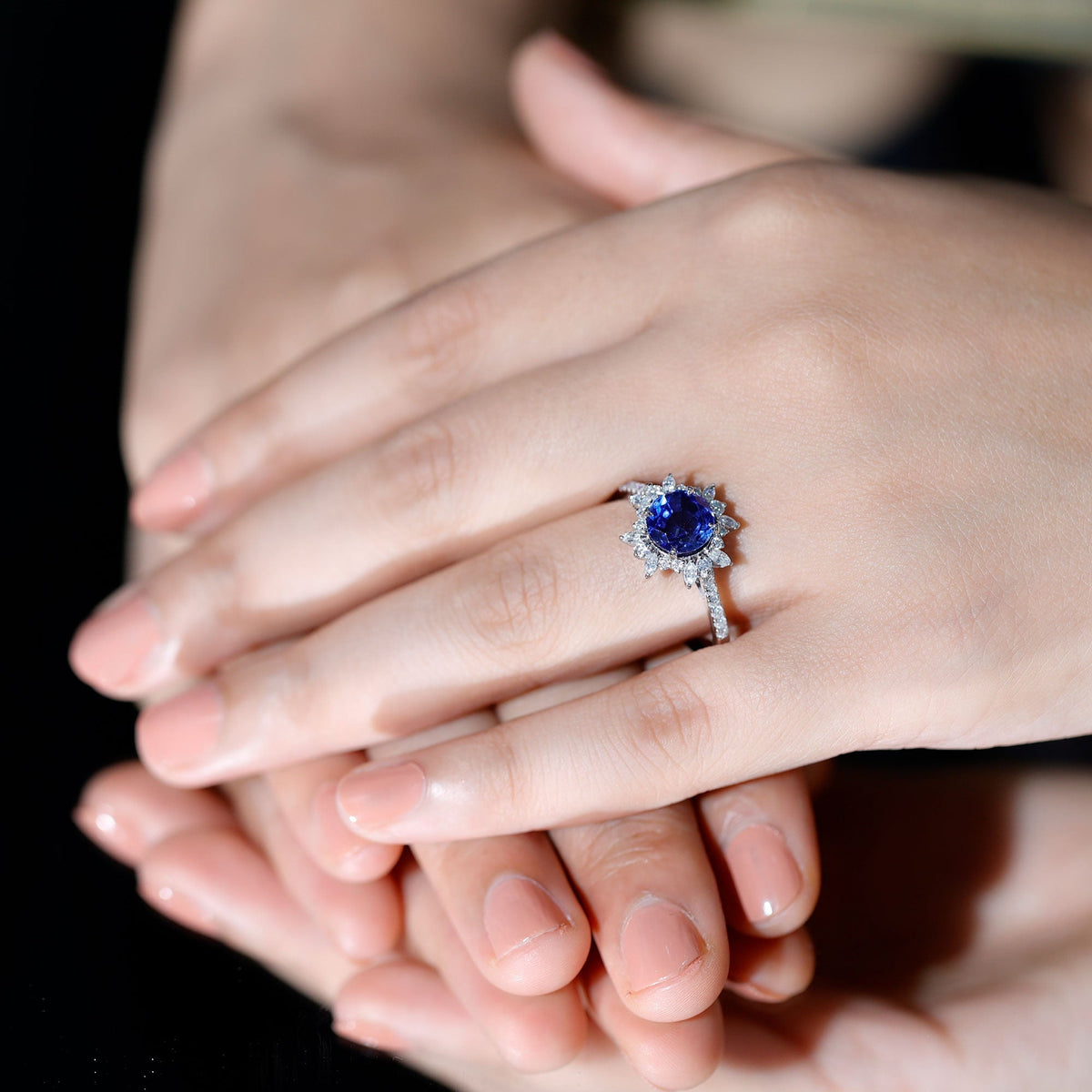 Lab Grown Blue Sapphire Ring, Moissanite Floral Halo Ring