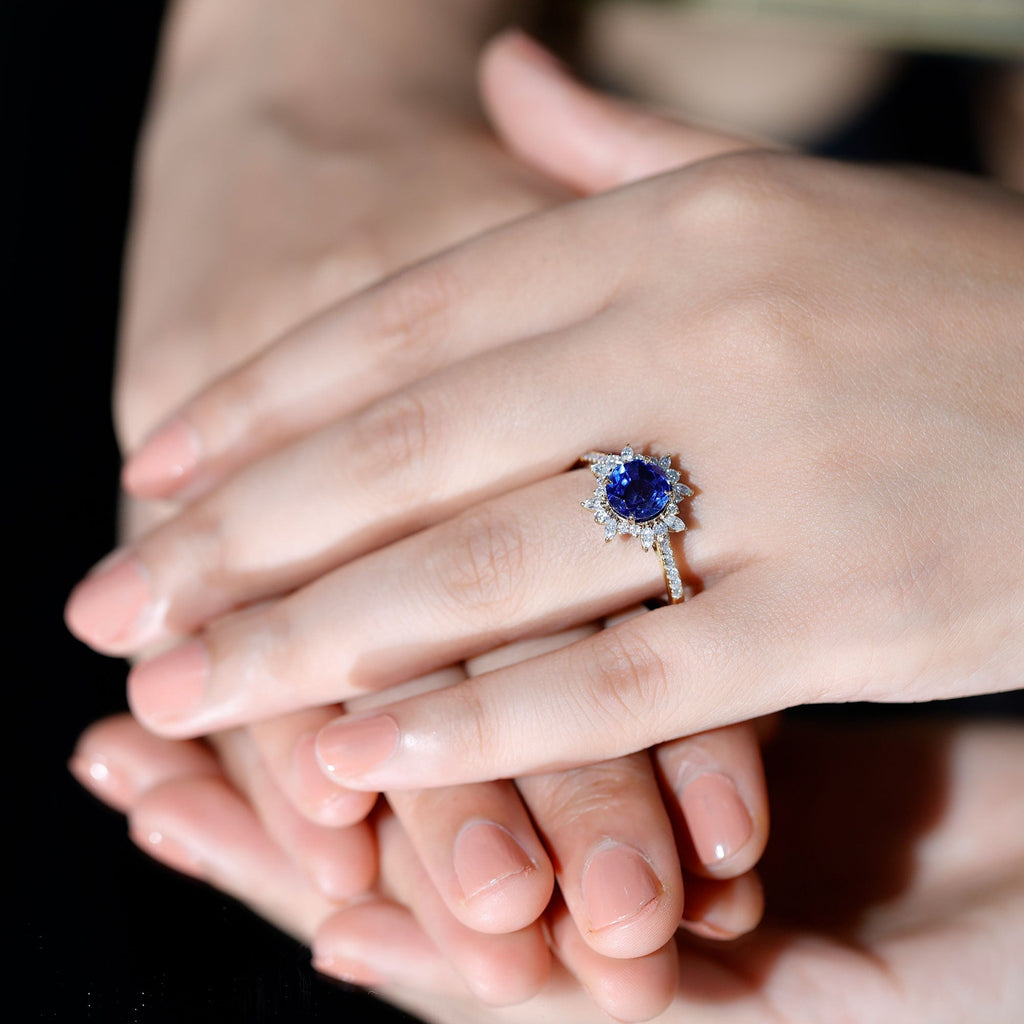 Lab Grown Blue Sapphire Ring, Moissanite Floral Halo Ring