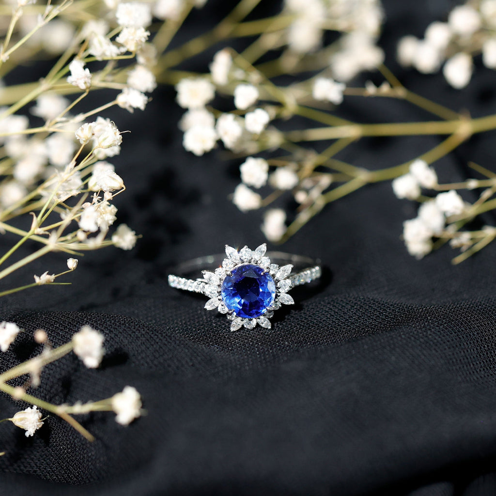Lab Grown Blue Sapphire Ring, Moissanite Floral Halo Ring
