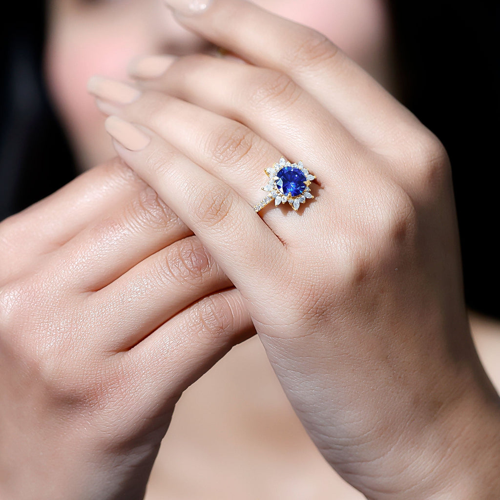 Lab Grown Blue Sapphire Ring, Moissanite Floral Halo Ring