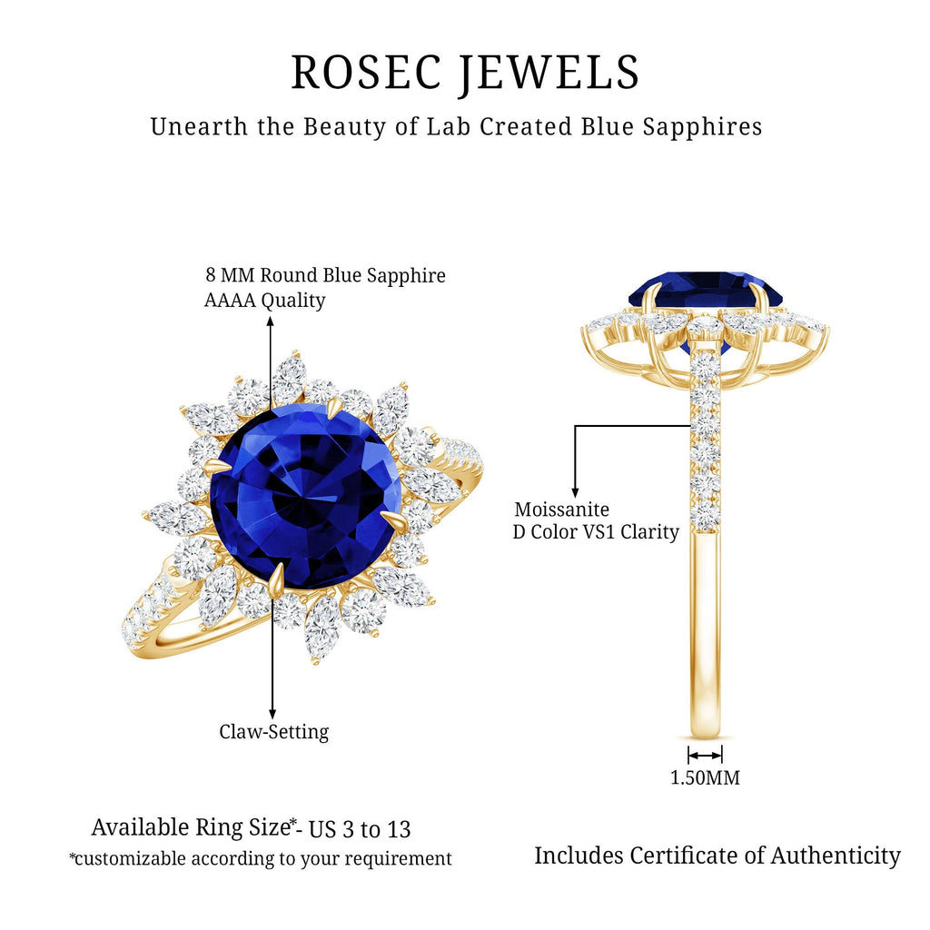 Lab Grown Blue Sapphire Ring, Moissanite Floral Halo Ring