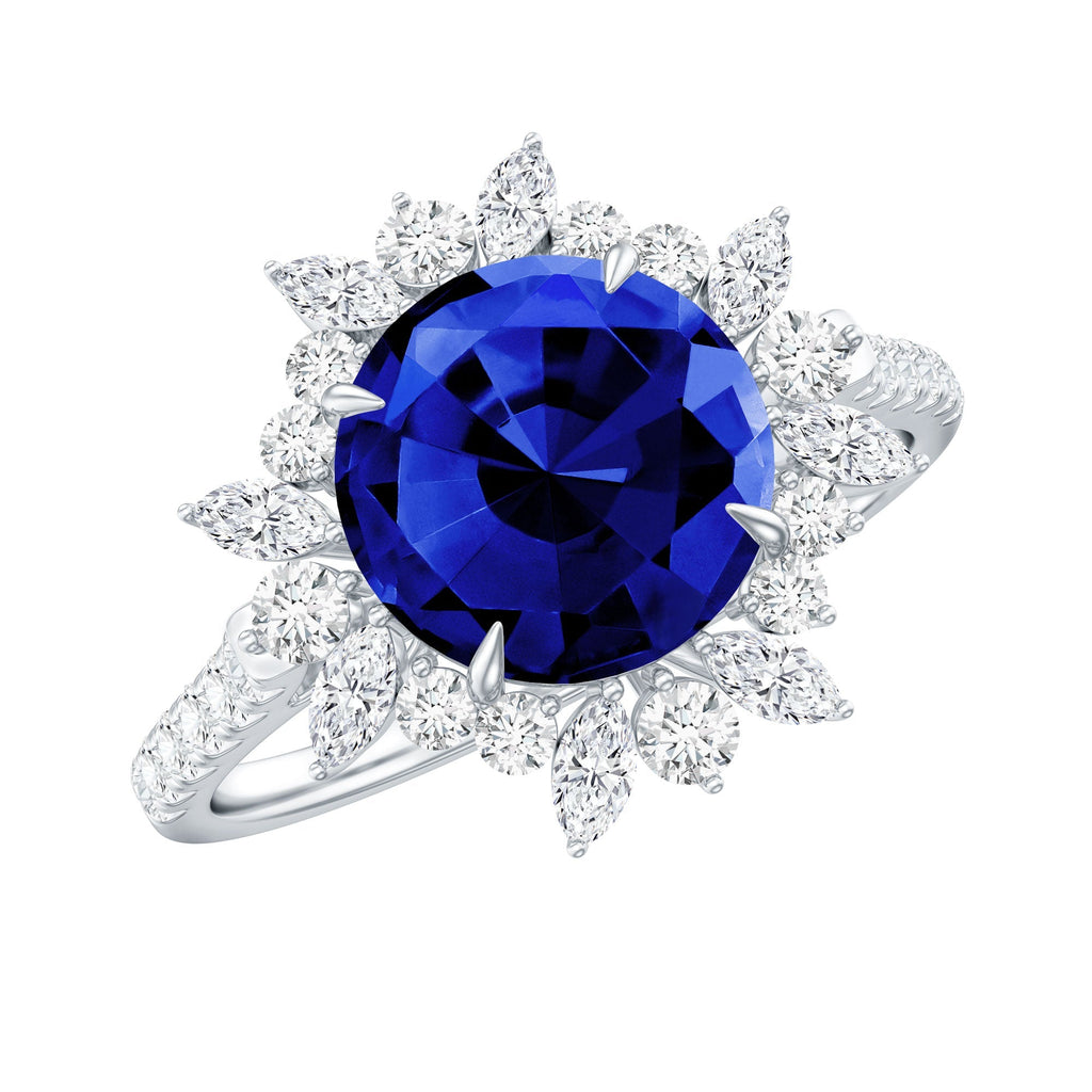 Lab Grown Blue Sapphire Ring, Moissanite Floral Halo Ring