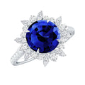 Lab Grown Blue Sapphire Ring, Moissanite Floral Halo Ring