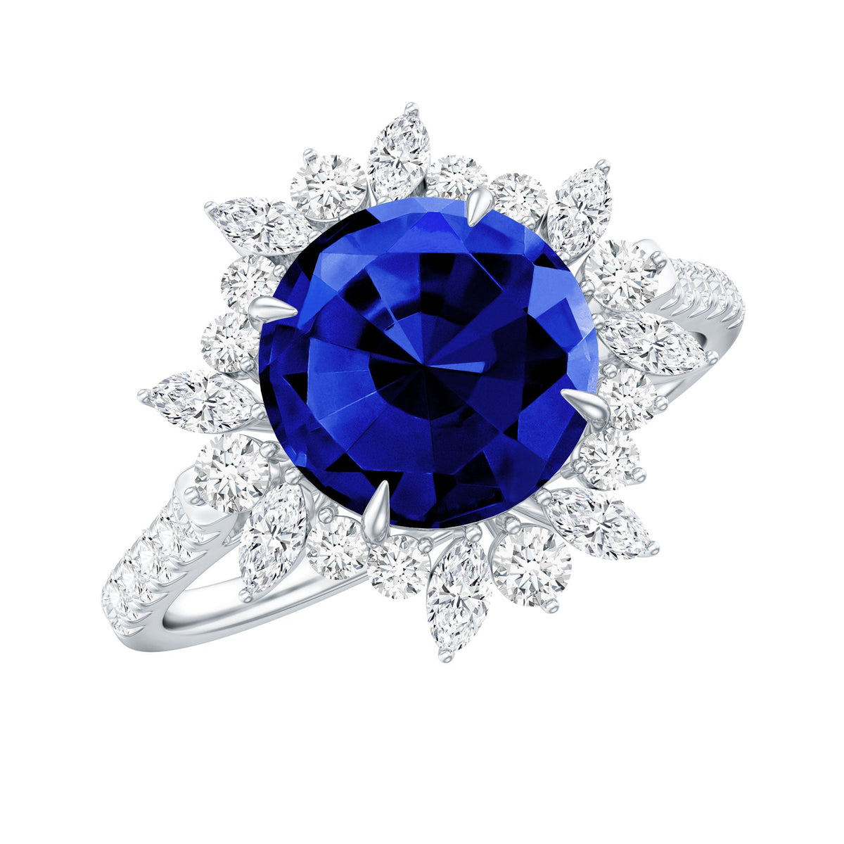 Lab Grown Blue Sapphire Ring, Moissanite Floral Halo Ring