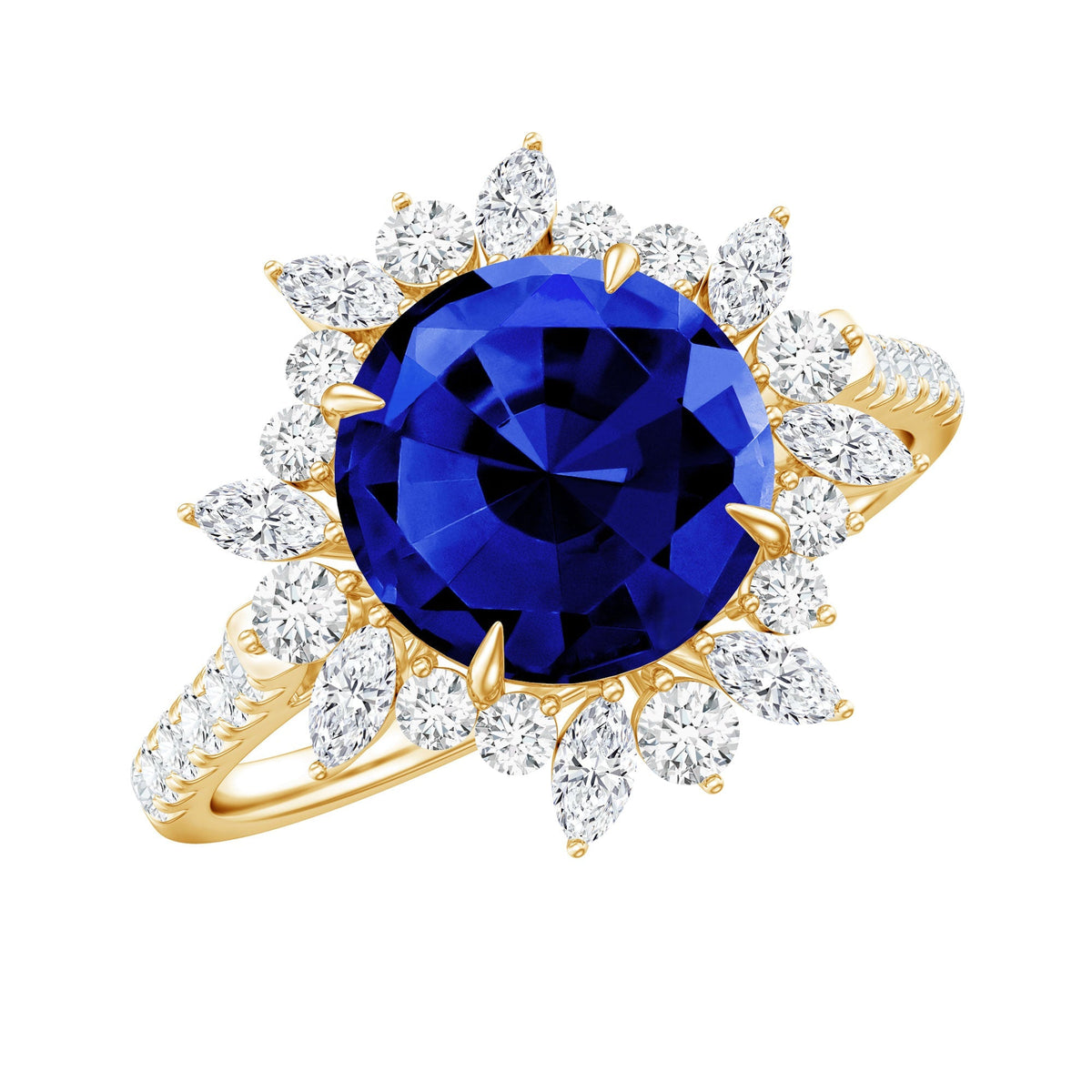 Lab Grown Blue Sapphire Ring, Moissanite Floral Halo Ring