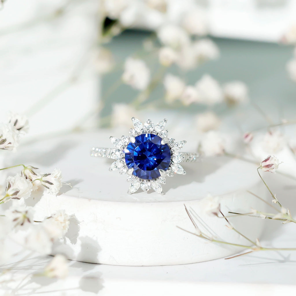 Lab Grown Blue Sapphire Ring, Moissanite Floral Halo Ring