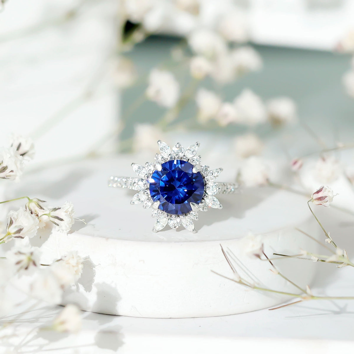 Lab Grown Blue Sapphire Ring, Moissanite Floral Halo Ring