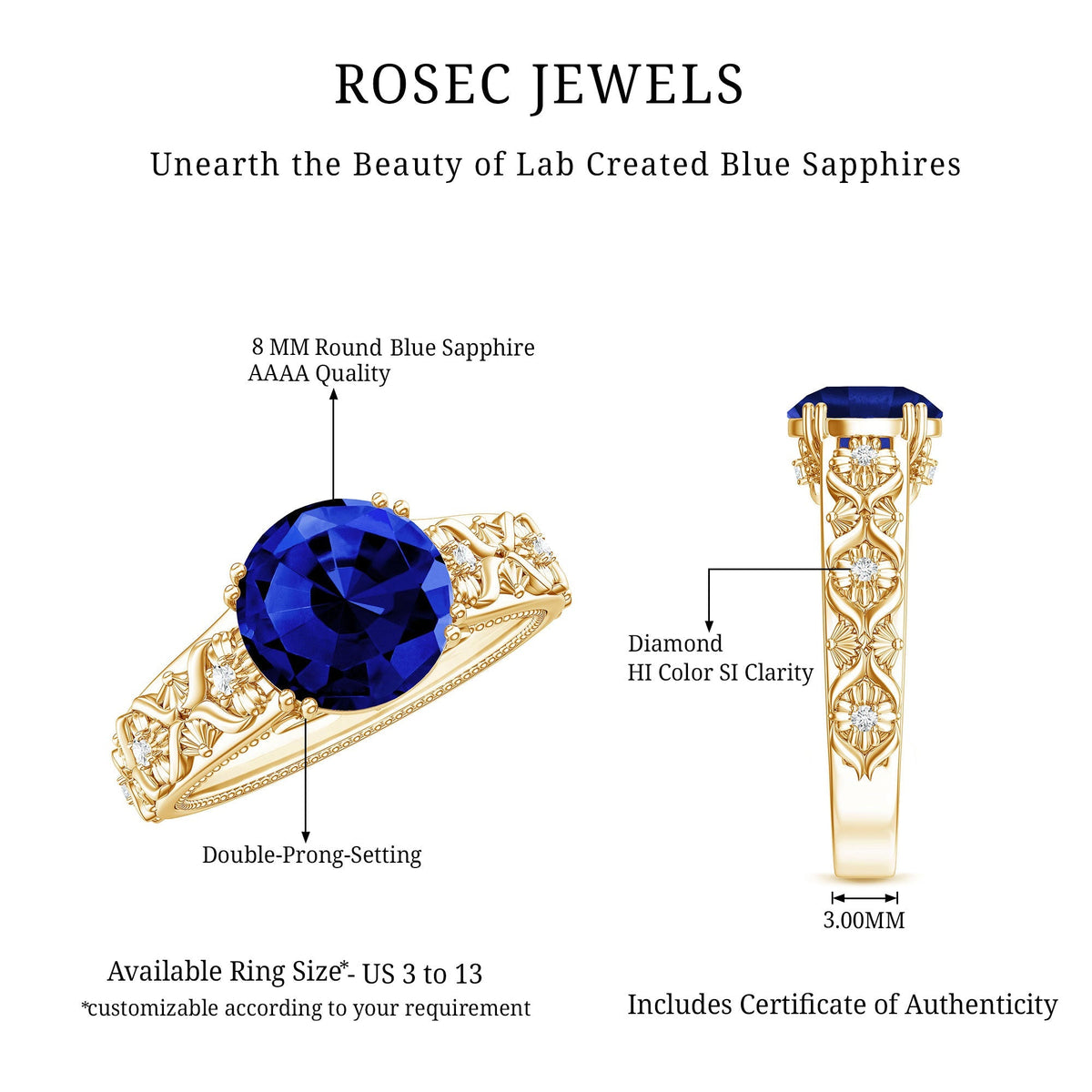 Lab Grown Blue Sapphire Ring, Nature Inspired Engagement Ring