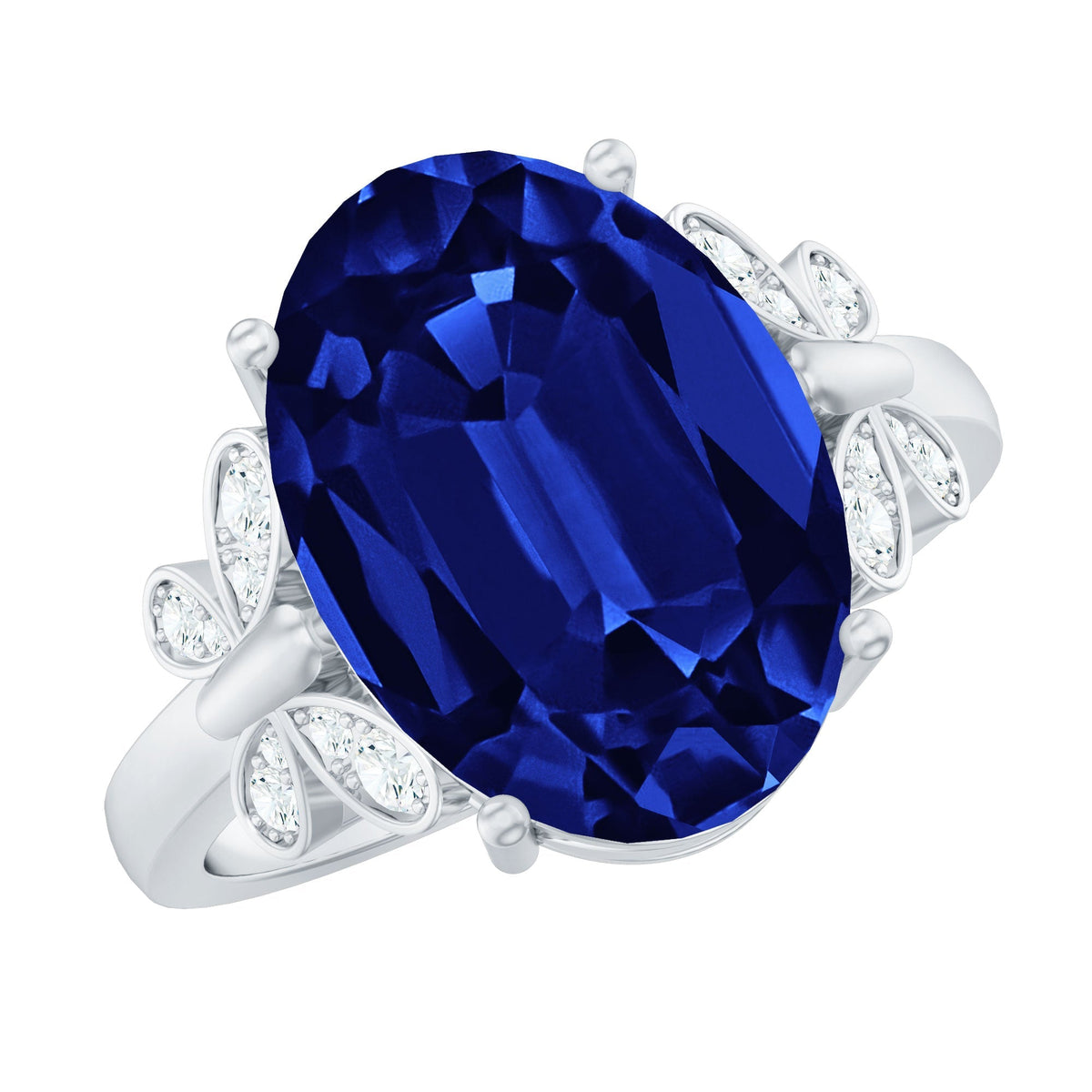 Lab Grown Blue Sapphire Ring, Oval Diamond Butterfly Engagement