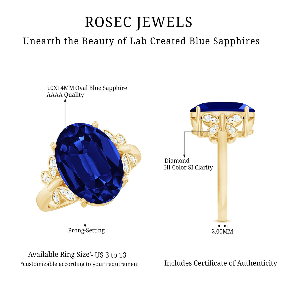 Lab Grown Blue Sapphire Ring, Oval Diamond Butterfly Engagement
