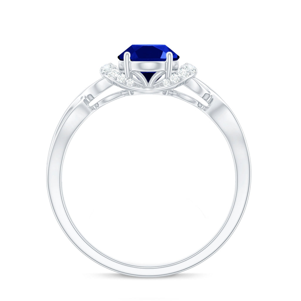 Lab Grown Blue Sapphire Ring, Oval Diamond Crossover Shank