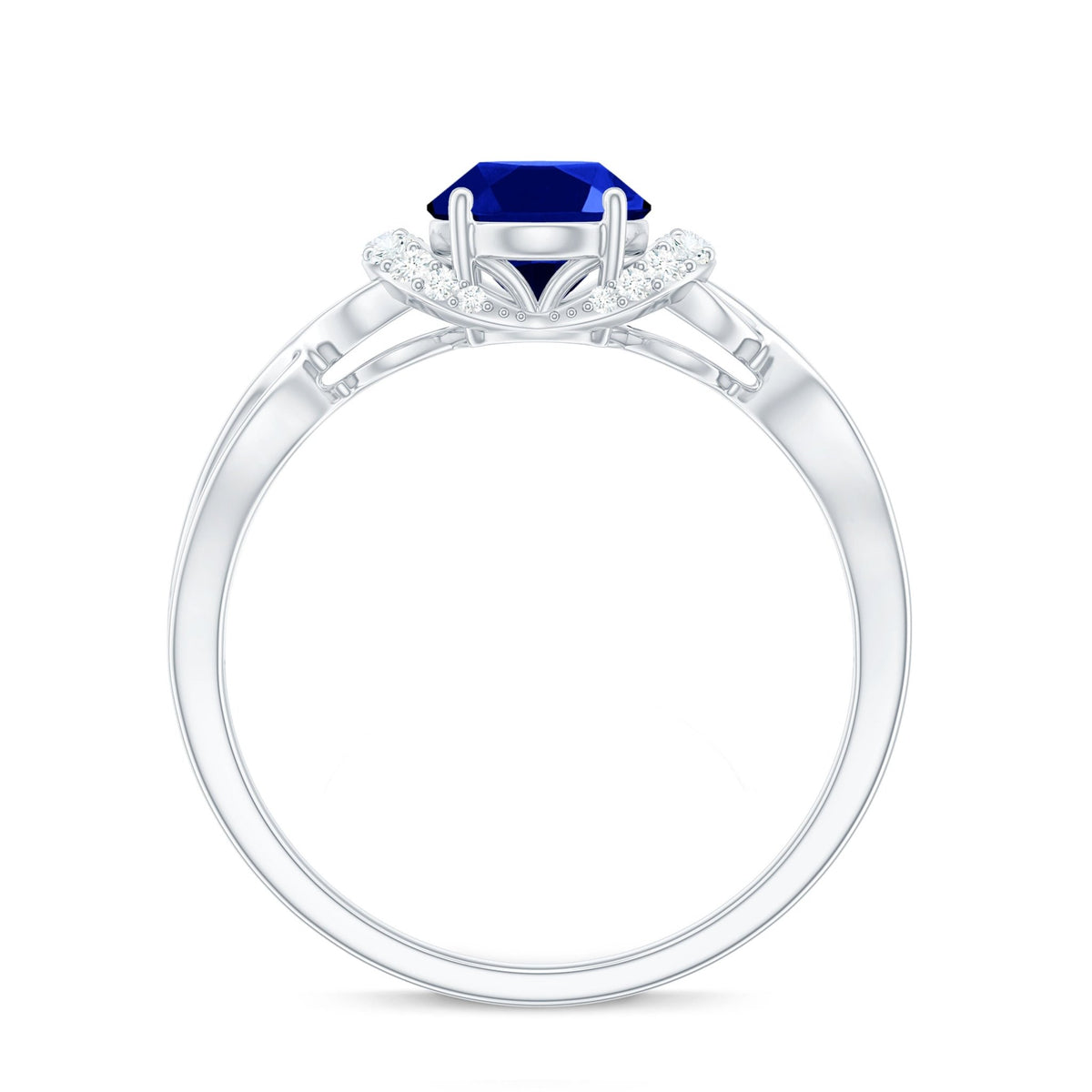Lab Grown Blue Sapphire Ring, Oval Diamond Crossover Shank