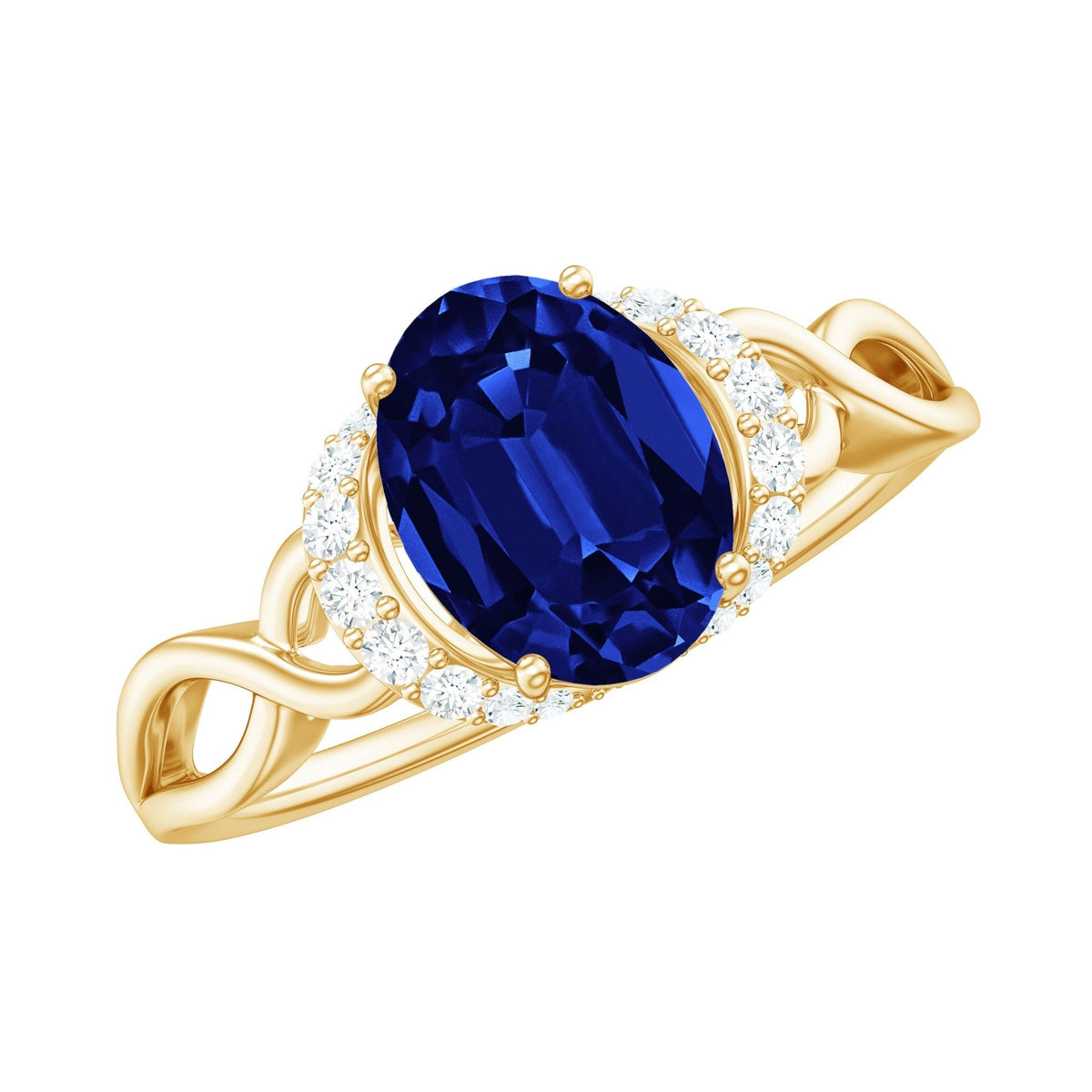 Lab Grown Blue Sapphire Ring, Oval Diamond Crossover Shank