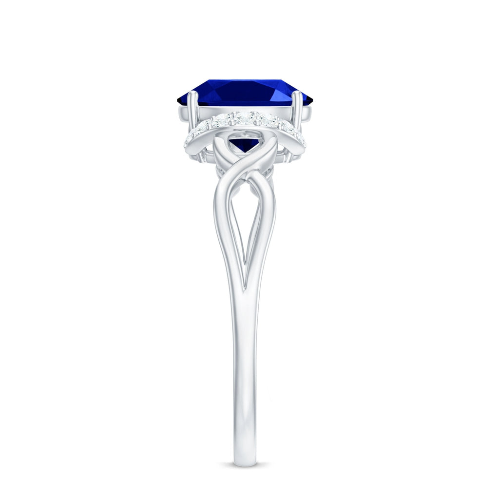 Lab Grown Blue Sapphire Ring, Oval Diamond Crossover Shank