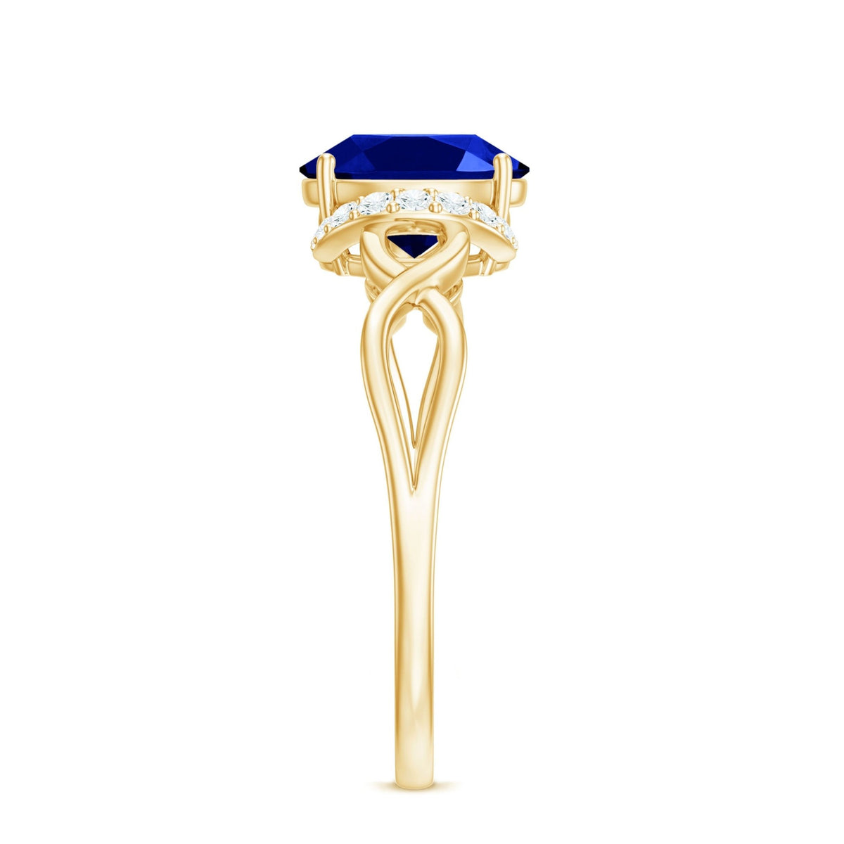 Lab Grown Blue Sapphire Ring, Oval Diamond Crossover Shank