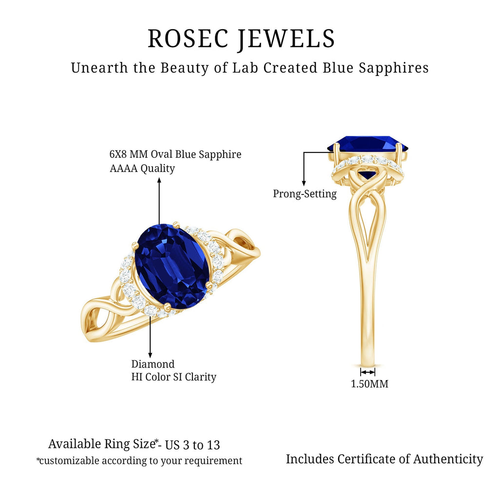 Lab Grown Blue Sapphire Ring, Oval Diamond Crossover Shank