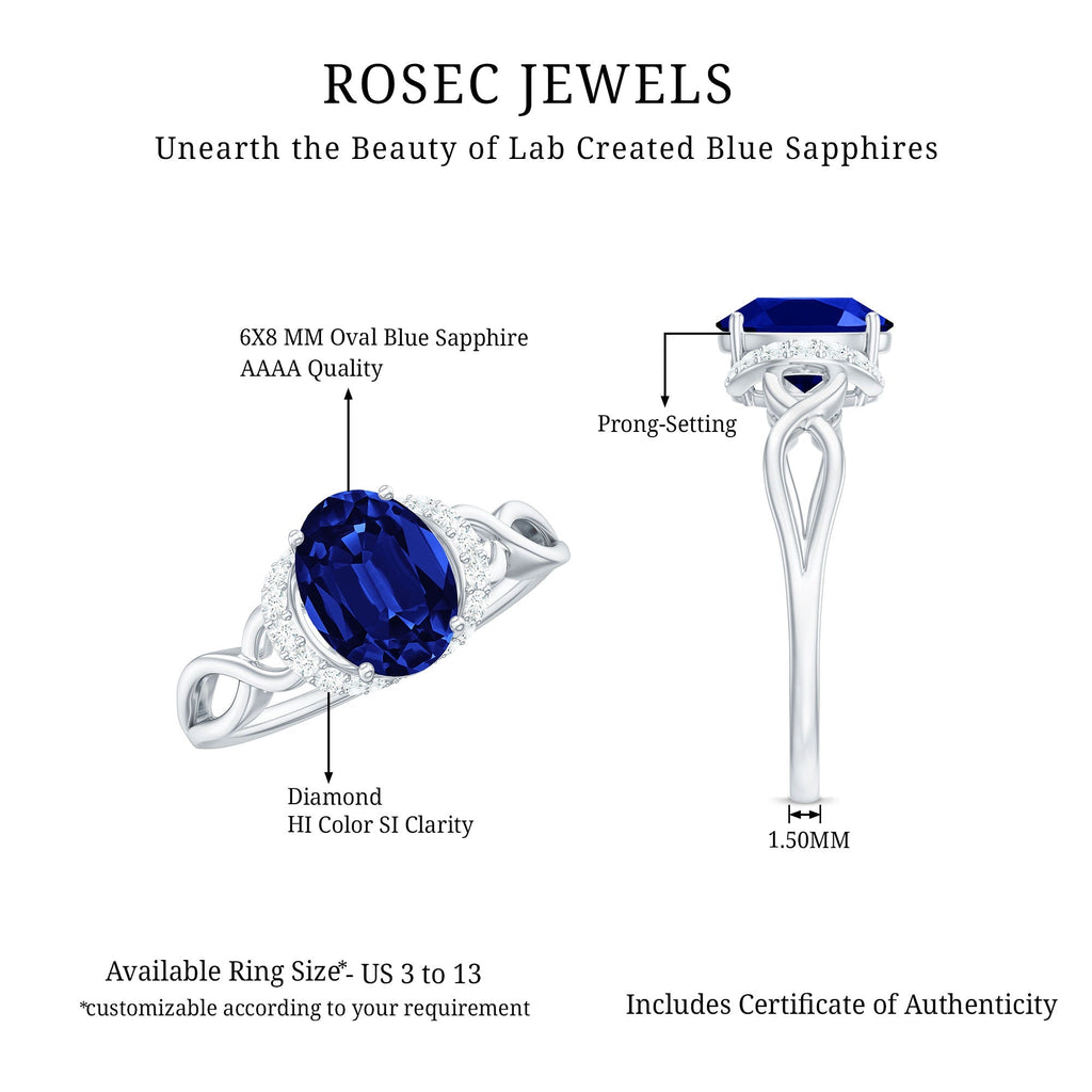Lab Grown Blue Sapphire Ring, Oval Diamond Crossover Shank