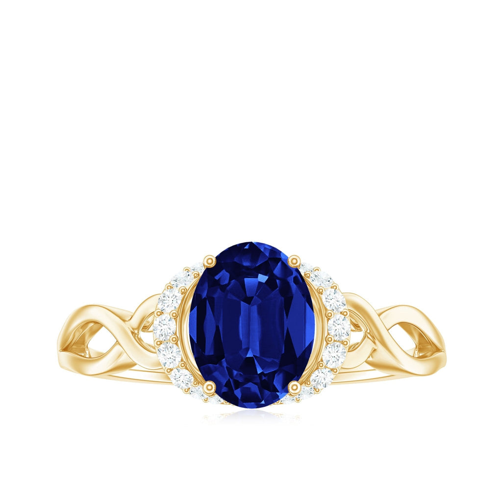 Lab Grown Blue Sapphire Ring, Oval Diamond Crossover Shank