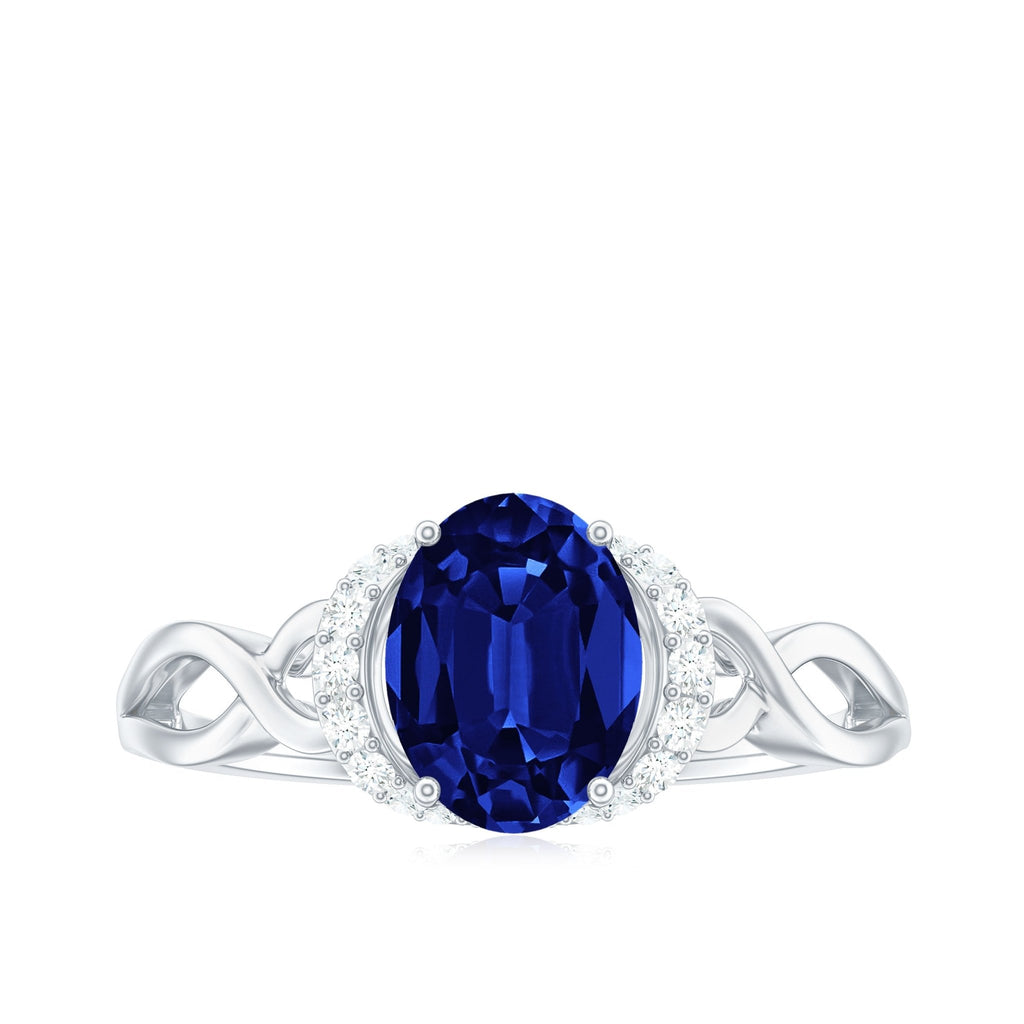 Lab Grown Blue Sapphire Ring, Oval Diamond Crossover Shank