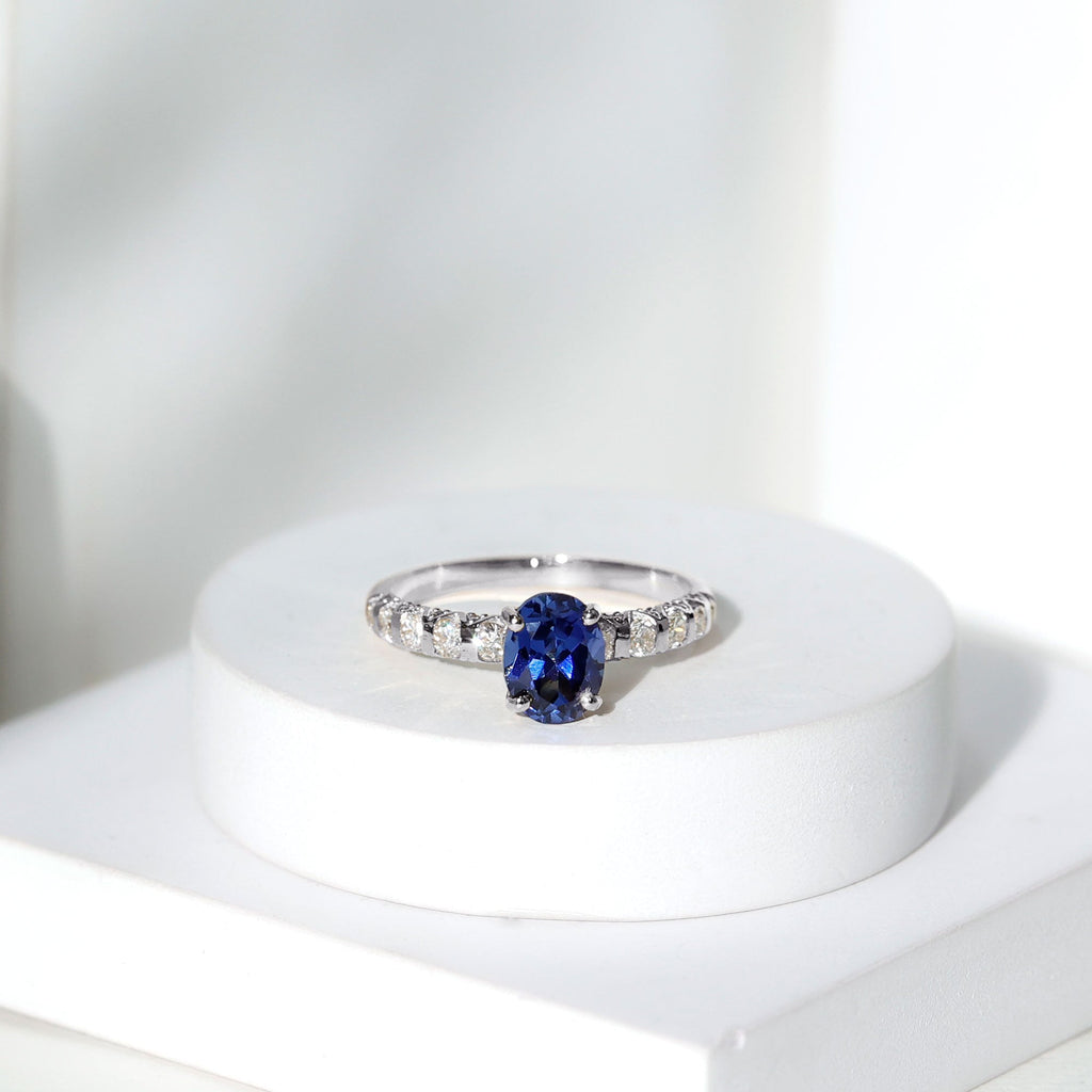Lab Grown Blue Sapphire Ring, Oval Diamond Engagement Ring