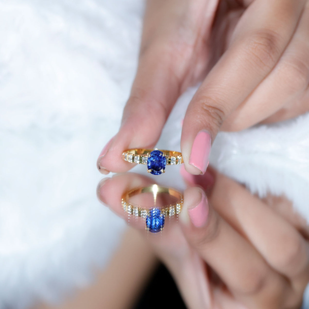 Lab Grown Blue Sapphire Ring, Oval Diamond Engagement Ring