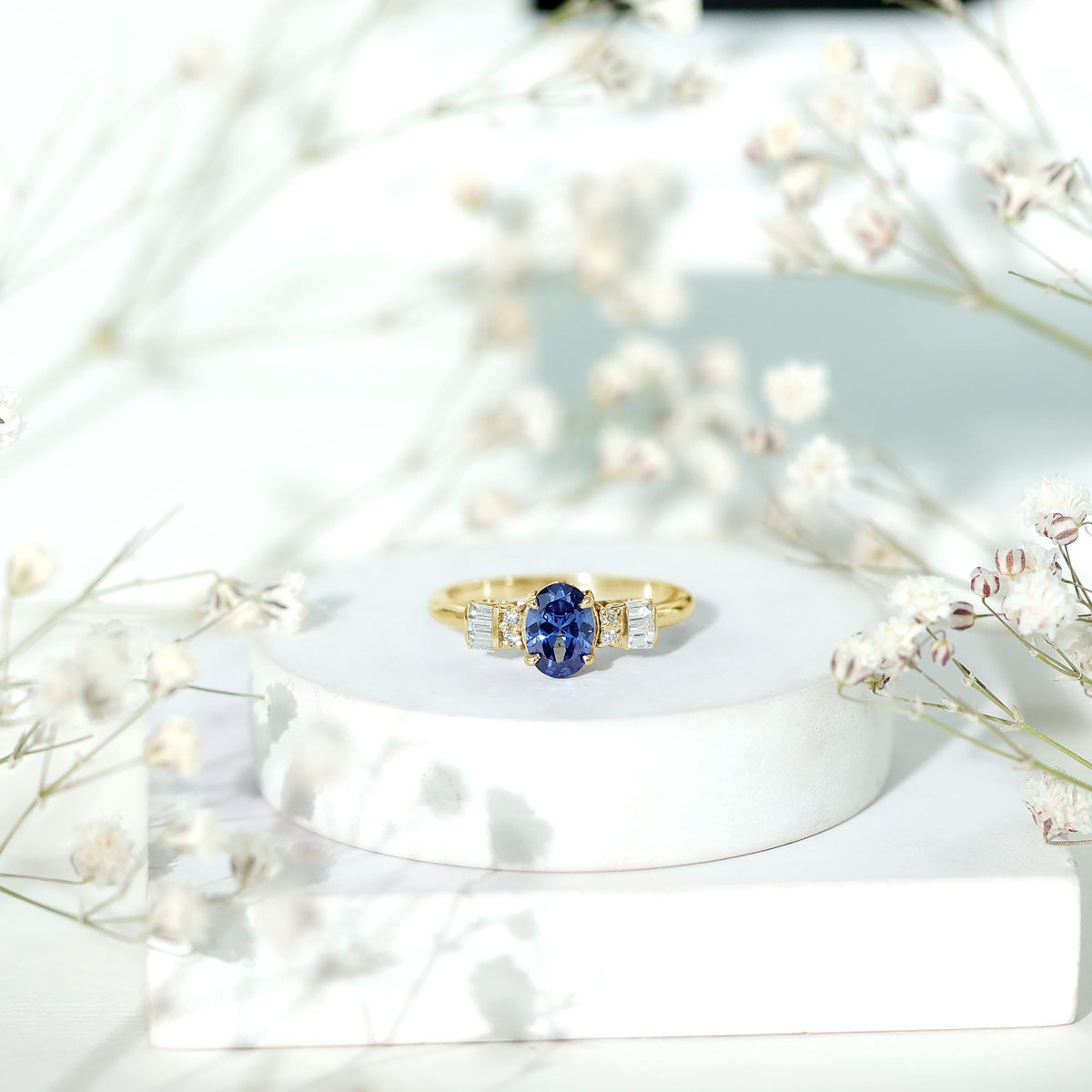 Lab Grown Blue Sapphire Ring, Oval Diamond Engagement Ring
