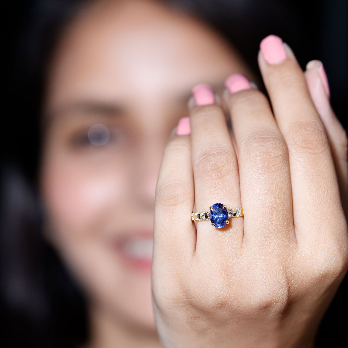 Lab Grown Blue Sapphire Ring, Oval Diamond Engagement Ring