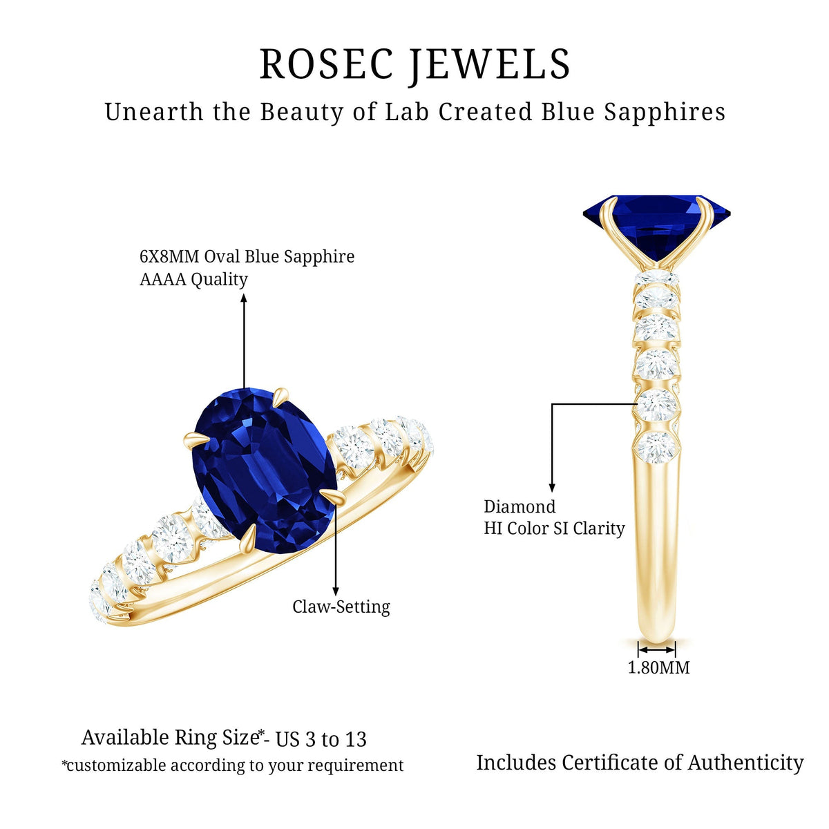 Lab Grown Blue Sapphire Ring, Oval Diamond Engagement Ring