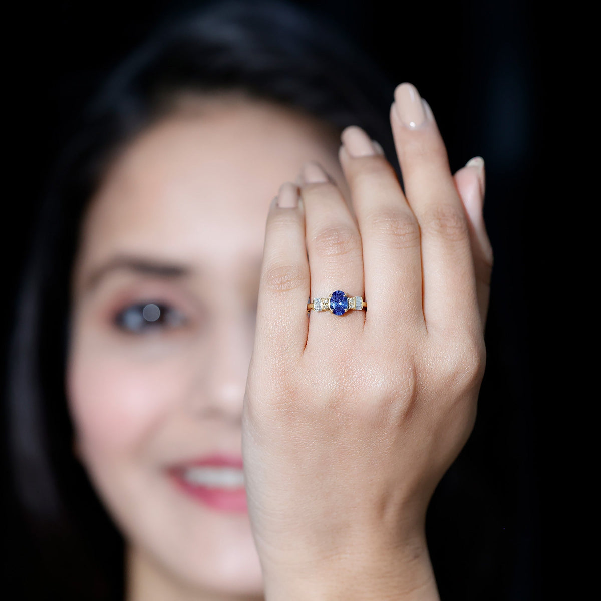 Lab Grown Blue Sapphire Ring, Oval Diamond Engagement Ring
