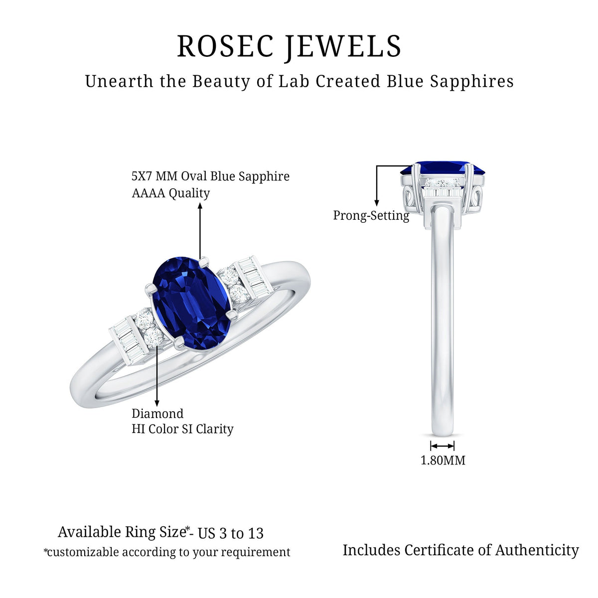 Lab Grown Blue Sapphire Ring, Oval Diamond Engagement Ring