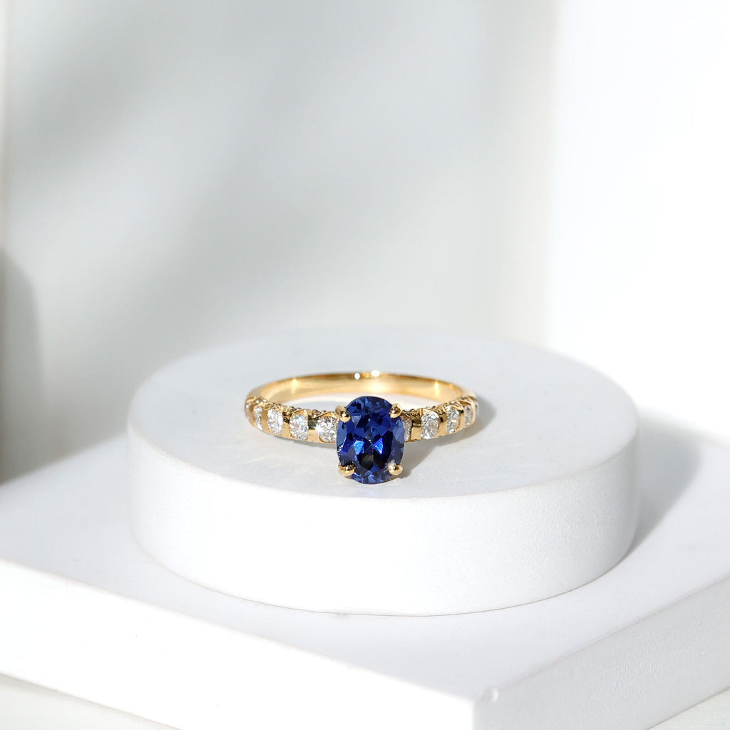 Lab Grown Blue Sapphire Ring, Oval Diamond Engagement Ring