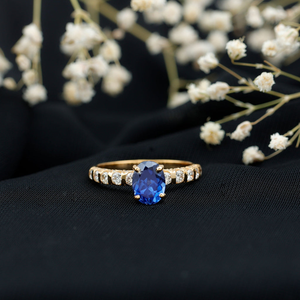 Lab Grown Blue Sapphire Ring, Oval Diamond Engagement Ring