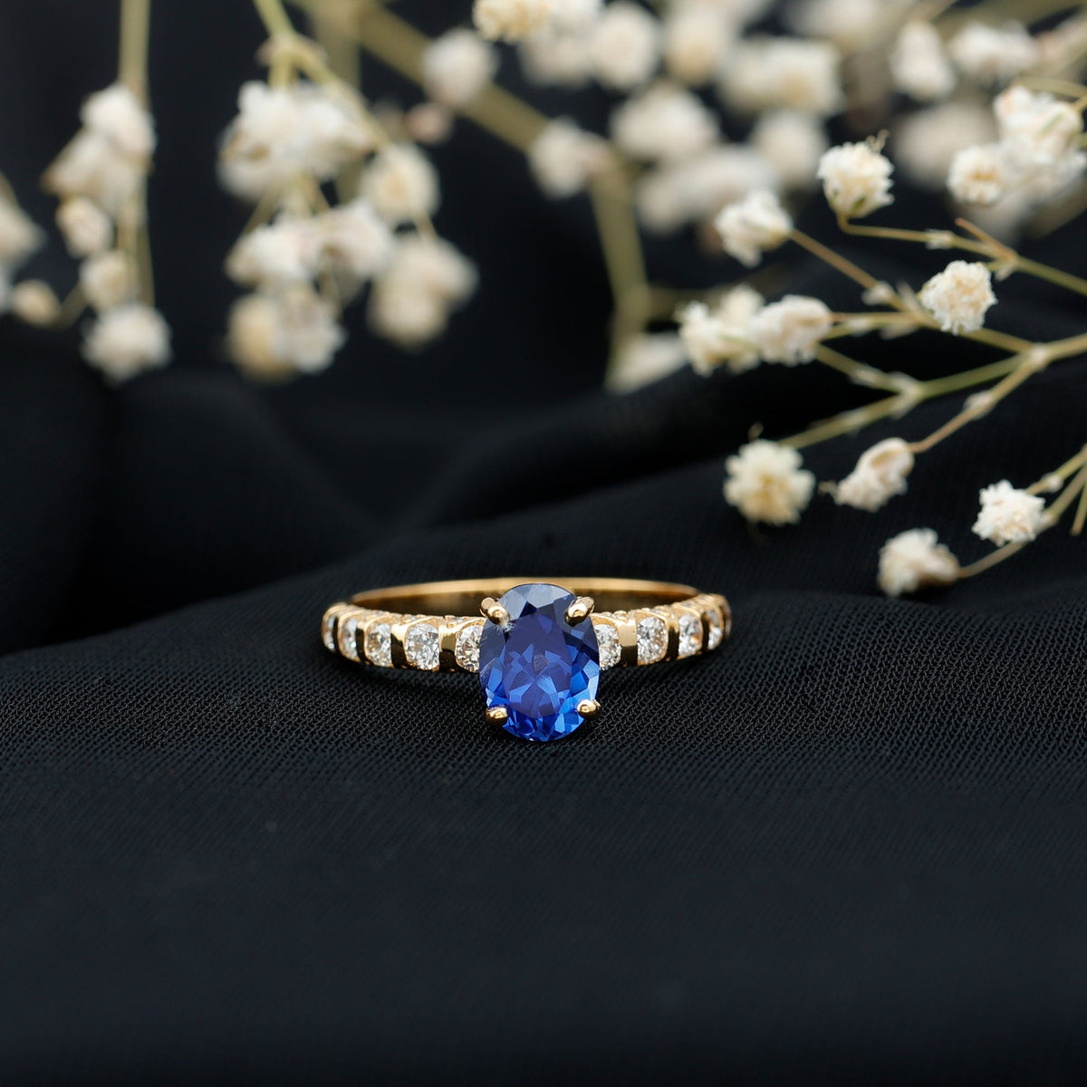 Lab Grown Blue Sapphire Ring, Oval Diamond Engagement Ring