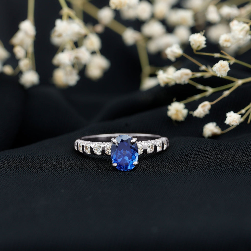 Lab Grown Blue Sapphire Ring, Oval Diamond Engagement Ring