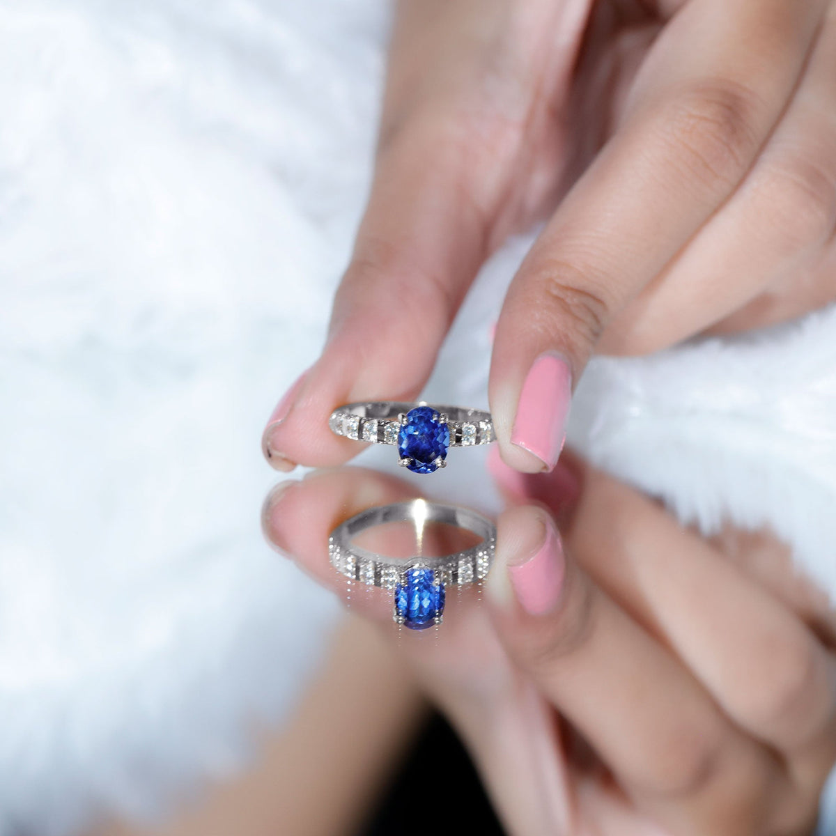 Lab Grown Blue Sapphire Ring, Oval Diamond Engagement Ring