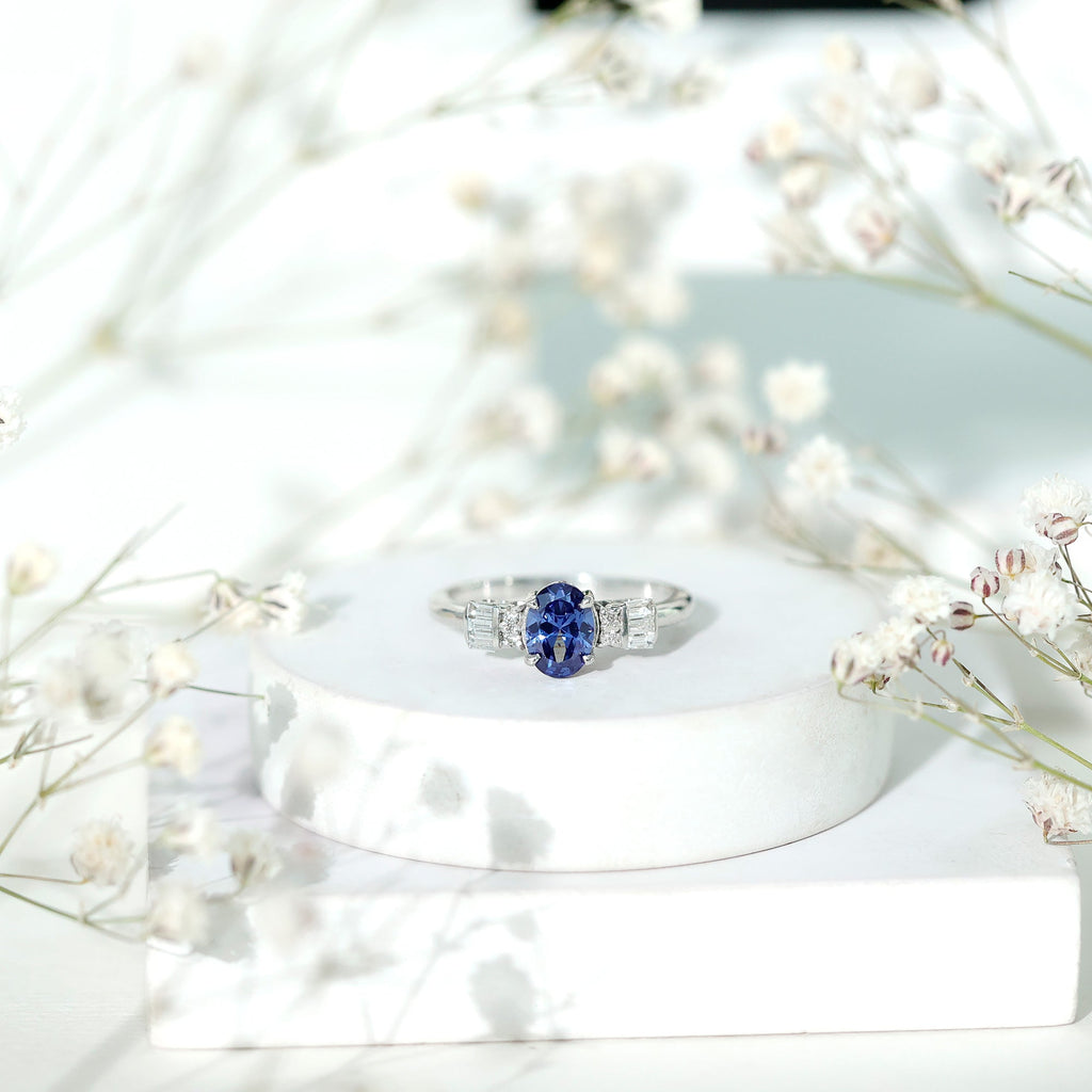 Lab Grown Blue Sapphire Ring, Oval Diamond Engagement Ring