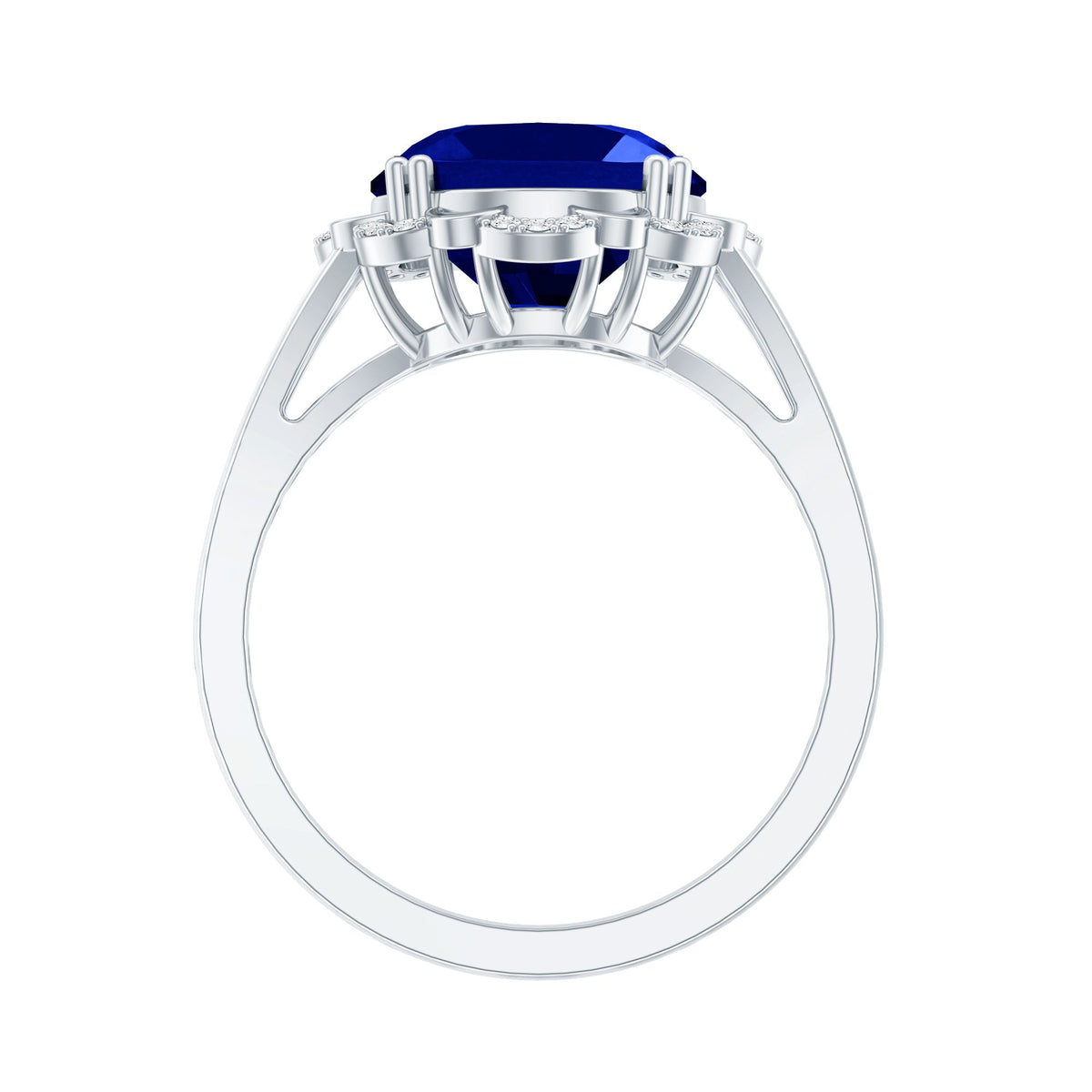 Lab Grown Blue Sapphire Ring, Oval Diamond Halo Engagement Ring