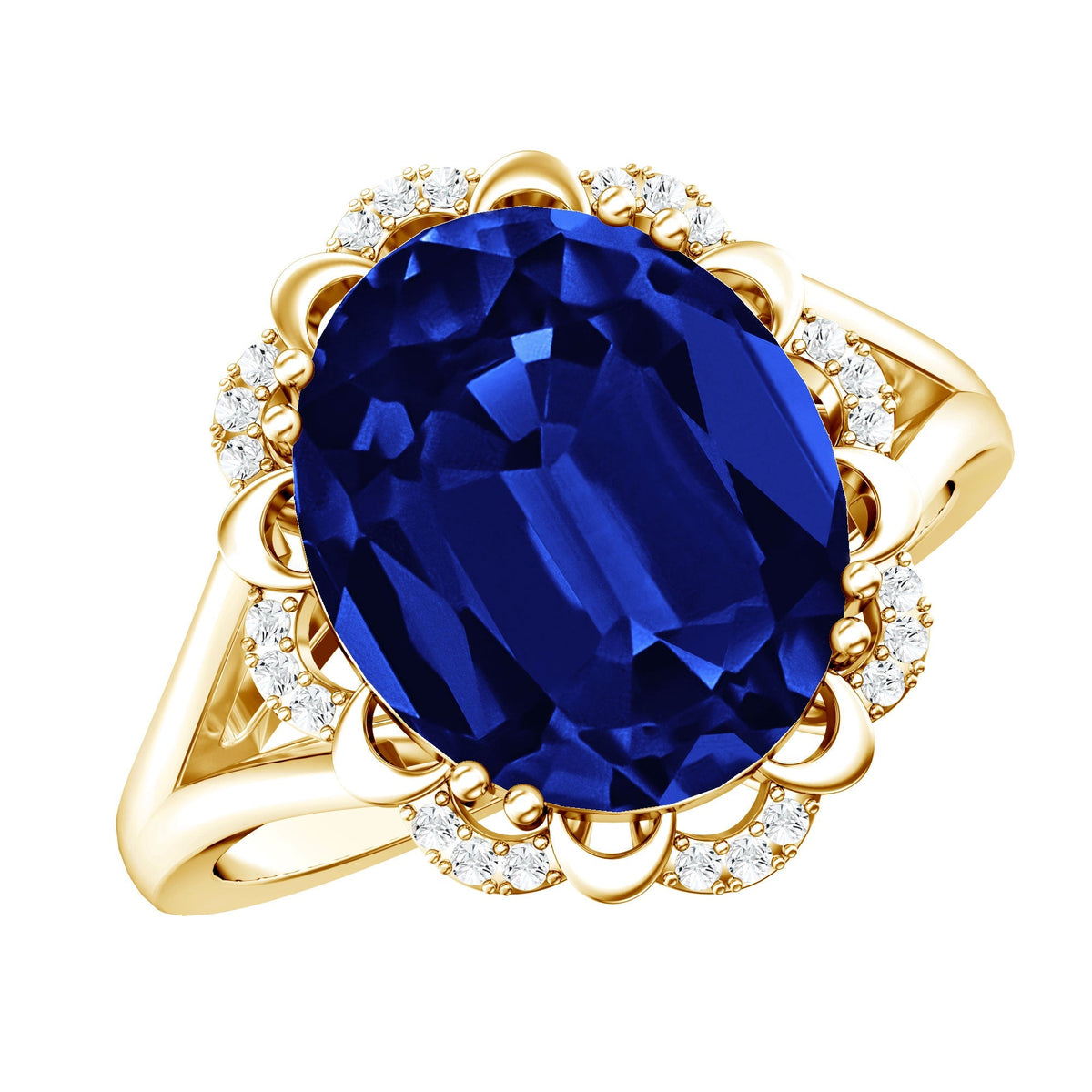 Lab Grown Blue Sapphire Ring, Oval Diamond Halo Engagement Ring