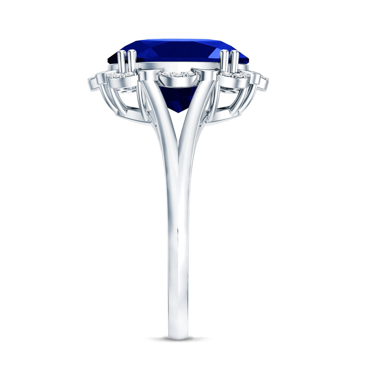 Lab Grown Blue Sapphire Ring, Oval Diamond Halo Engagement Ring