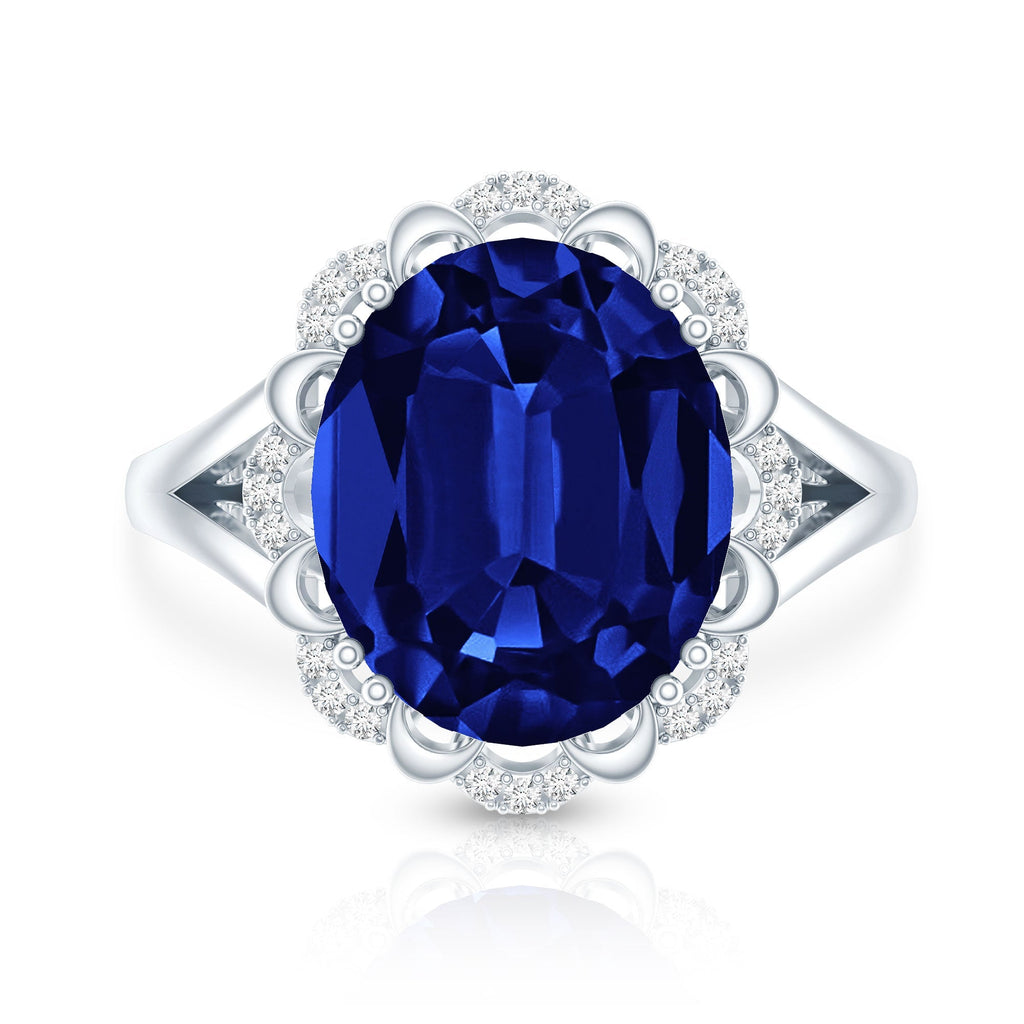 Lab Grown Blue Sapphire Ring, Oval Diamond Halo Engagement Ring