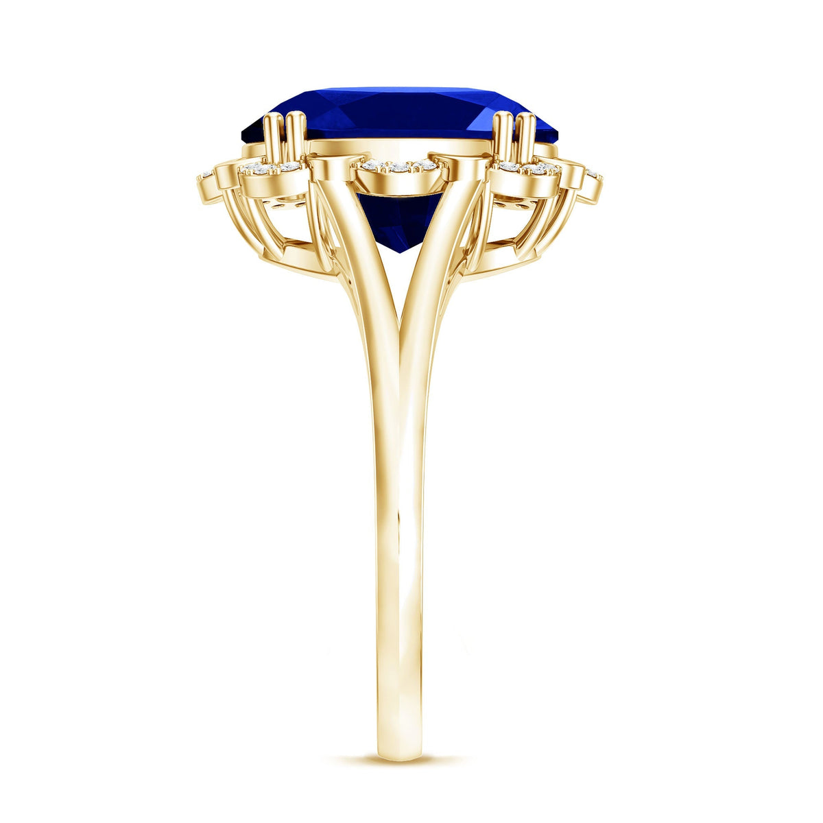 Lab Grown Blue Sapphire Ring, Oval Diamond Halo Engagement Ring