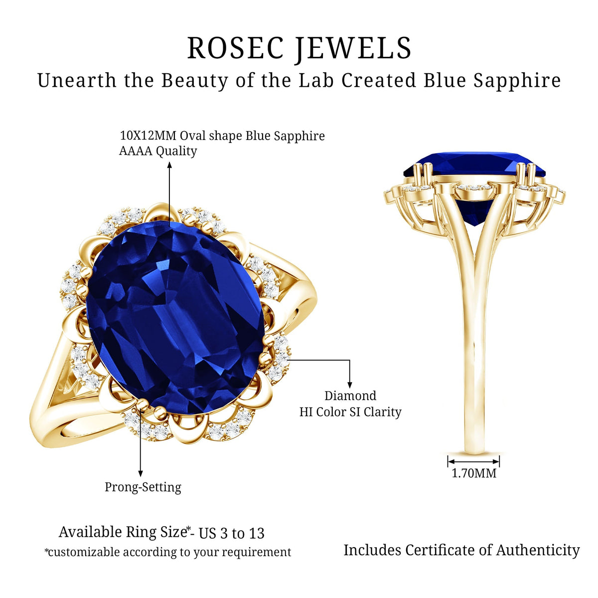 Lab Grown Blue Sapphire Ring, Oval Diamond Halo Engagement Ring