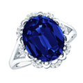 Lab Grown Blue Sapphire Ring, Oval Diamond Halo Engagement Ring