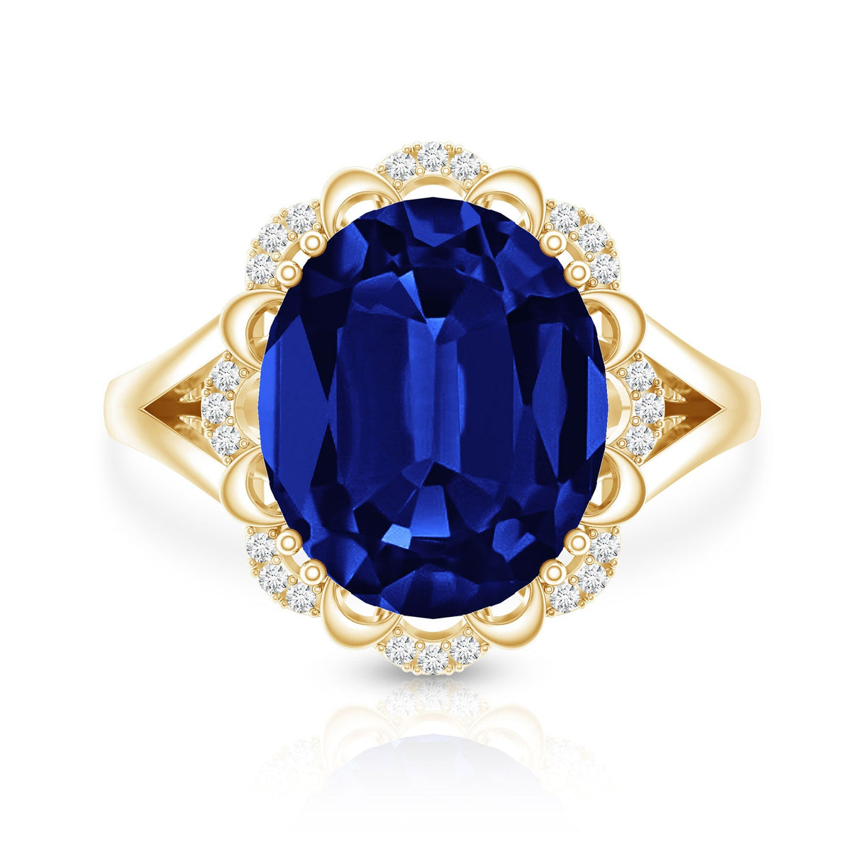 Lab Grown Blue Sapphire Ring, Oval Diamond Halo Engagement Ring