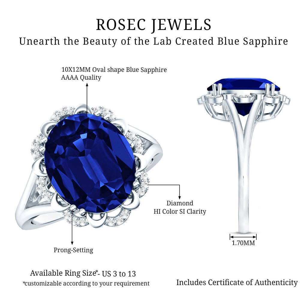 Lab Grown Blue Sapphire Ring, Oval Diamond Halo Engagement Ring