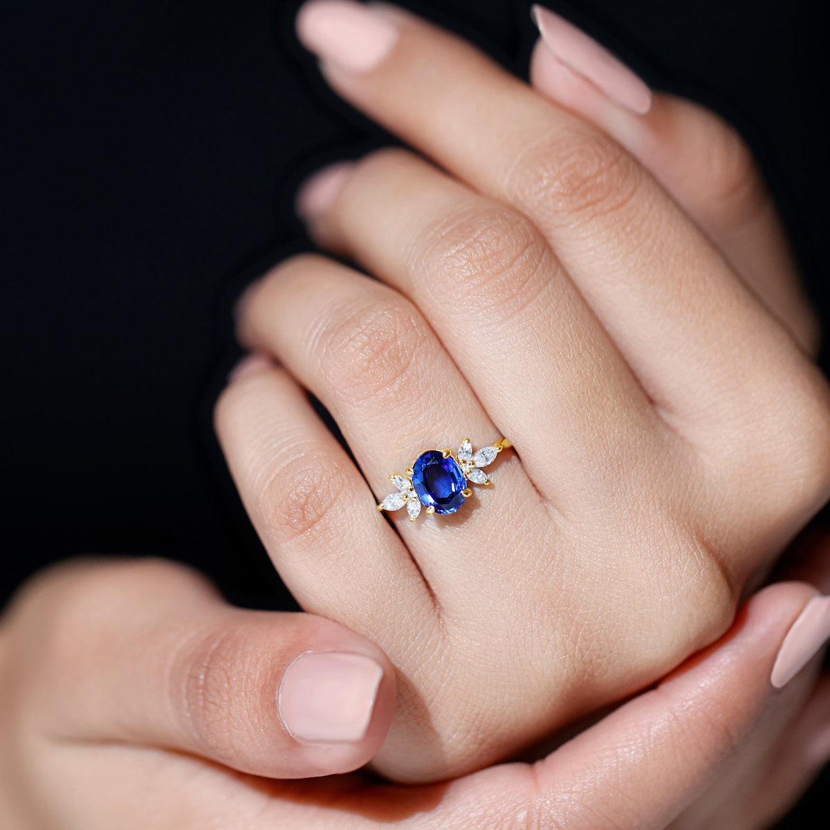 Lab Grown Blue Sapphire Ring, Oval Diamond Trio Engagement Ring